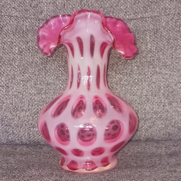 Fenton Cranberry Opalescent Coin Spot Vase - Picture 3 of 5